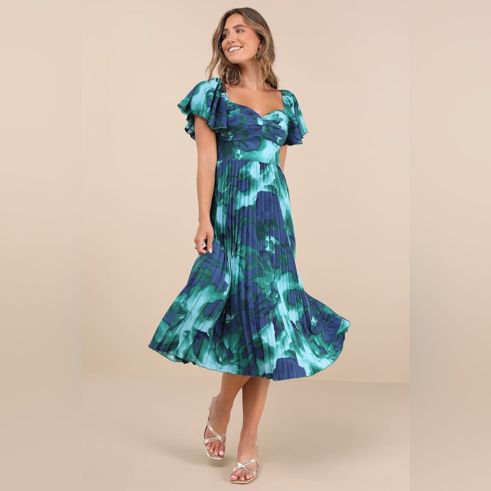 Floral Pleated Midi Dress in Teal & Navy